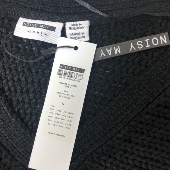 Noisy May Black Vera 3/4 Sleeve Oversized V-Neck Pullover Sweater Size L - Picture 12 of 14